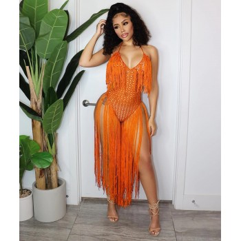 Knit Rib Tassel Bodysuit Rompers Sexy Fishnet Halter Lace Up V Neck See Through Swimsuit